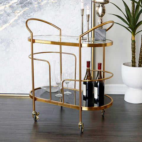 Urban Designs Splendor 4 Wheel Roll Along 30-Inch Gold Metal 2-Tier Bar Cart