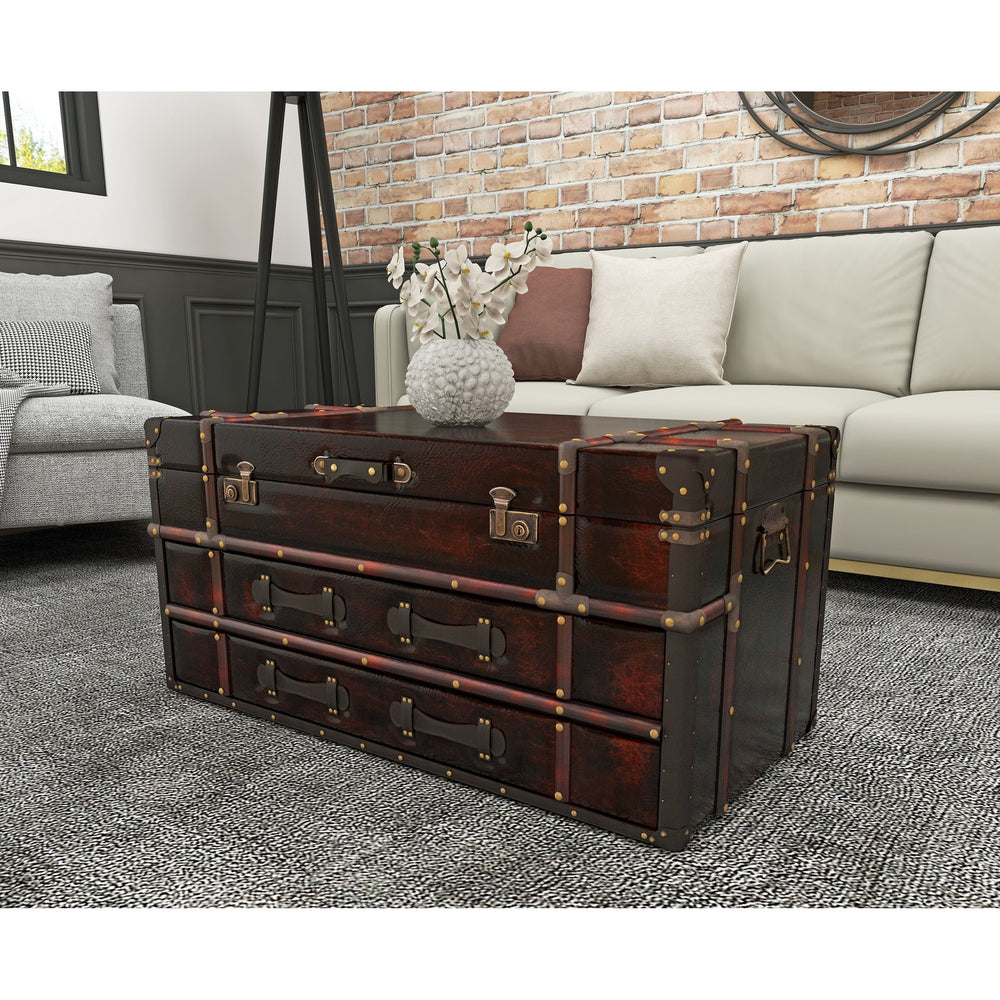 Urban Designs Heritage 40-Inch Espresso Faux Leather Trunk Design Coffee Table