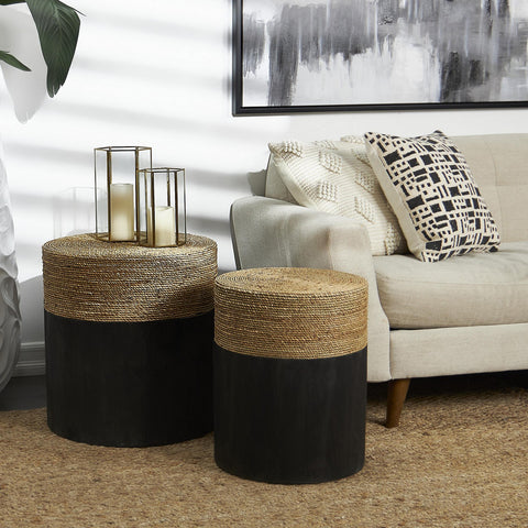 Urban Designs Nature Whispers 2-Piece Wood and Seagrass Round Side Table Set