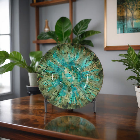 Urban Designs Shades Of Green Decorative Glass Charger Plate and Stand