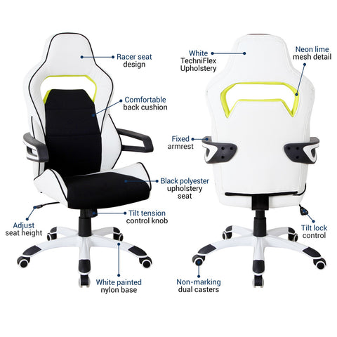 Urban Designs Ergonomic Upholstered Racing Style Home Office Chair - White Black