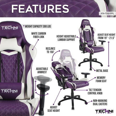 Techni Sport Home Office Racing Style PC Gaming Chair - Purple