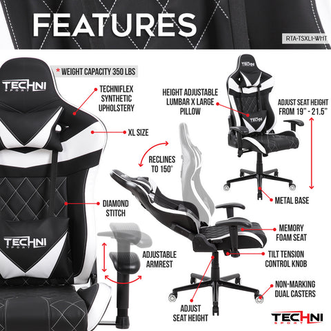 Techni Sport Home Office Racing Style PC Gaming Chair - White