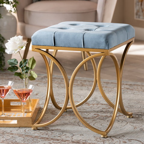 Urban Designs Miranda 1920s Upholstered Gold Finish Metal Ottoman - Blue