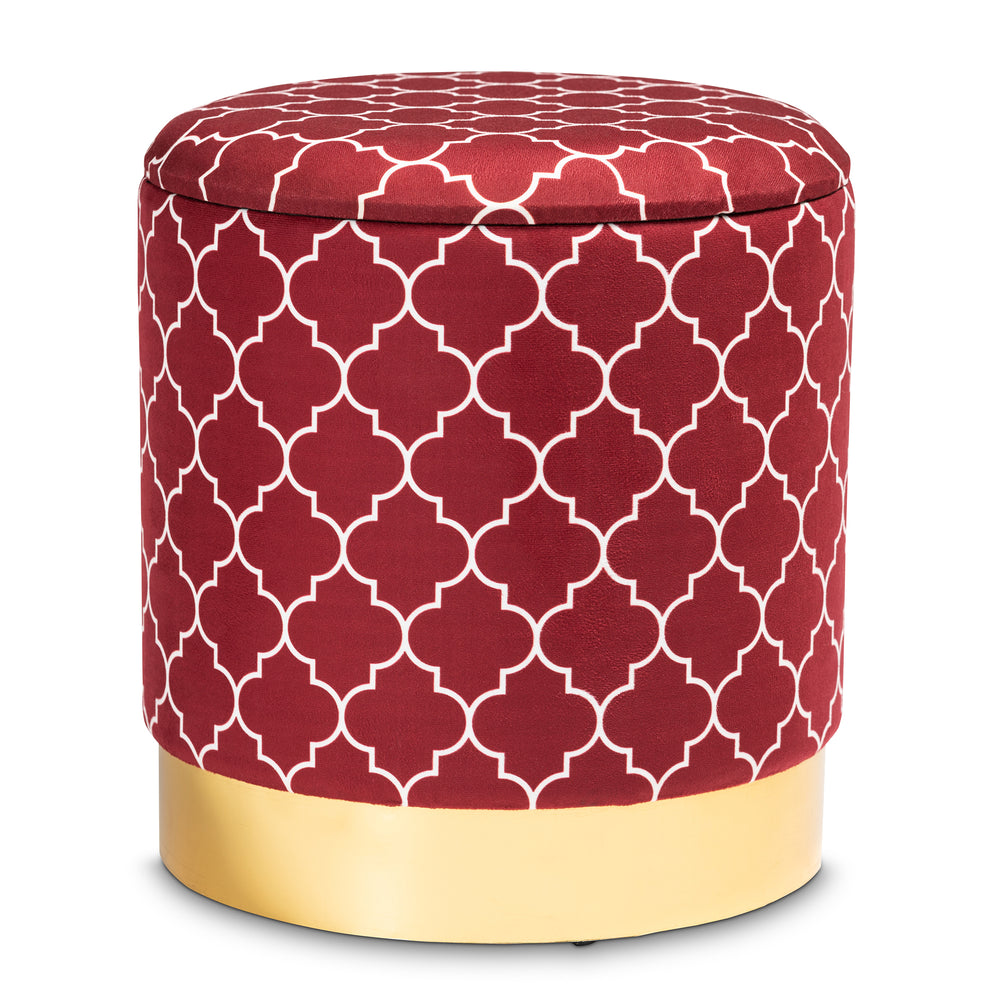 Urban Designs Sybil Quatrefoil Velvet Fabric Upholstered Storage Ottoman - Red