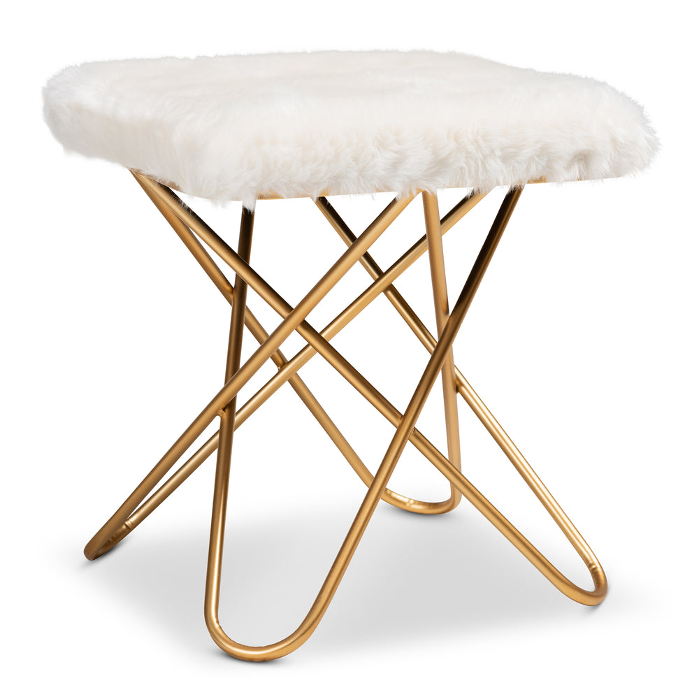 Urban Designs Victorine Faux Fur Upholstered Metal Ottoman - White